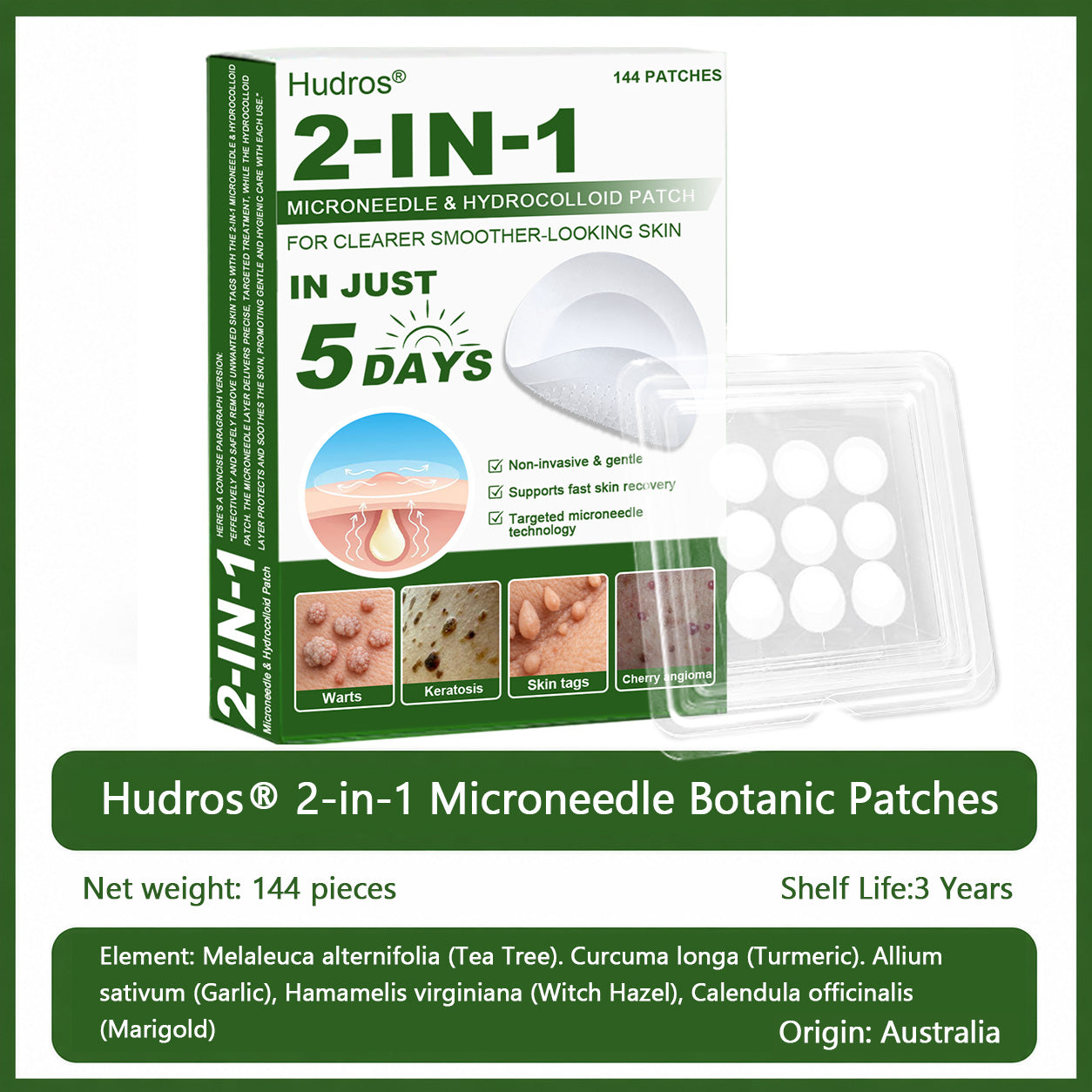 📌Hudros® 2-in-1 Microneedle & Hydrocolloid Patch | Raised Moles,Acne,  Flat Warts & Skin Tags Remover | Improves Wrinkles, Scars & Blemishes | Invisible Star Pimple Patches for Face & Body | 144 Count