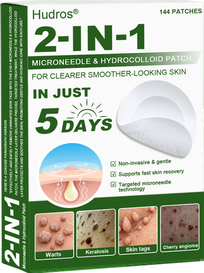 📌Hudros® 2-in-1 Microneedle & Hydrocolloid Patch | Raised Moles,Acne,  Flat Warts & Skin Tags Remover | Improves Wrinkles, Scars & Blemishes | Invisible Star Pimple Patches for Face & Body | 144 Count